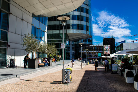 Paris, France - September 12, 2022 Cityscape and architecture of La Defense, a business district located in Greater Paris, skyscrapers surround the famous arch in the center of the esplanadeのeditorial素材