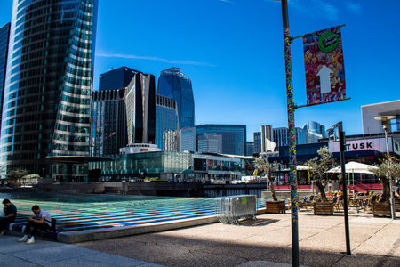 Paris, France - September 12, 2022 Cityscape and architecture of La Defense, a business district located in Greater Paris, skyscrapers surround the famous arch in the center of the esplanadeのeditorial素材
