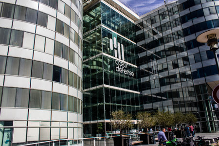 Paris, France - September 12, 2022 Cityscape and architecture of La Defense, a business district located in Greater Paris, skyscrapers surround the famous arch in the center of the esplanadeのeditorial素材