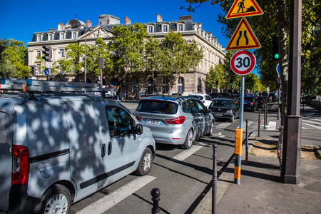 Paris, France - September 14, 2022 Traffic jam in the streets of Paris, an emblematic city and the capital of Franceのeditorial素材