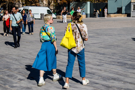 Paris, France - September 14, 2022 Tourists strolling in the streets of Paris, an emblematic city and the capital of Franceのeditorial素材