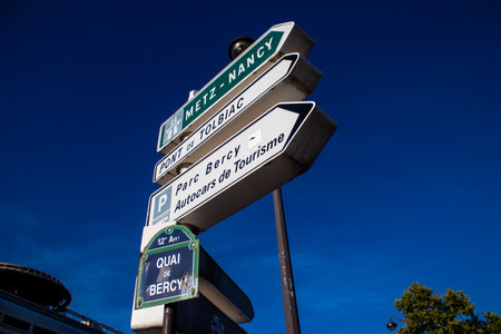 Paris, France - September 14, 2022 Street sign or road sign, erected at the side of or above roads to provide information to road user in the downtown area of Parisのeditorial素材