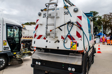 Reims, France - September 17, 2022 Street cleaning cars and garbage truck parked in the streets of Reims taking part in the world day to clean up our planet, garbage collection helps prevent pollutionのeditorial素材