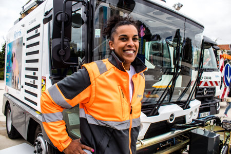 Reims, France - September 17, 2022 Street cleaning cars and garbage truck parked in the streets of Reims taking part in the world day to clean up our planet, garbage collection helps prevent pollutionのeditorial素材