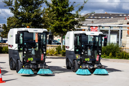 Reims, France - September 17, 2022 Street cleaning cars and garbage truck parked in the streets of Reims taking part in the world day to clean up our planet, garbage collection helps prevent pollutionのeditorial素材