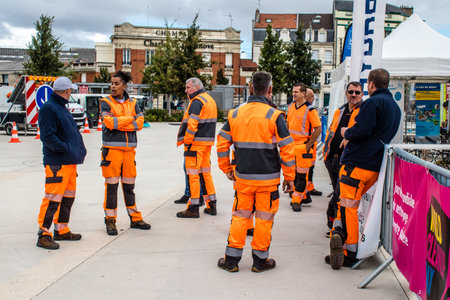 Reims, France - September 17, 2022 Street cleaning cars and garbage truck parked in the streets of Reims taking part in the world day to clean up our planet, garbage collection helps prevent pollutionのeditorial素材