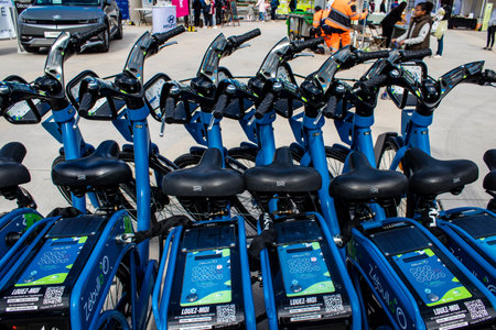 Reims, France - September 17, 2022 Accessible bicycles to hire for short periods of time, usually for a few hours parked in the street and part of the public transport system of Reimsのeditorial素材