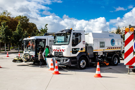 Reims, France - September 17, 2022 Street cleaning cars and garbage truck parked in the streets of Reims taking part in the world day to clean up our planet, garbage collection helps prevent pollutionのeditorial素材