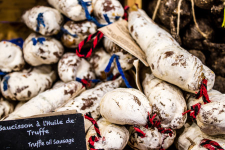 Reims, France - September 17, 2022 Various dry sausages sold in the market of Reims, the sausages are made in an artisanal way with different animal meats, delicatessen is part of the french cuisineのeditorial素材