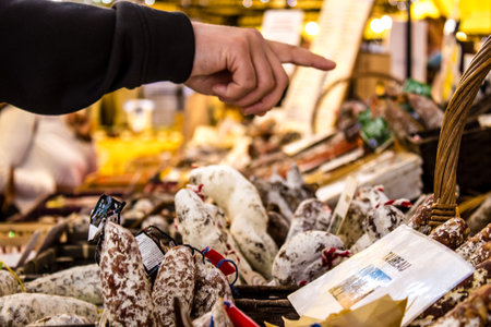 Reims, France - September 17, 2022 Various dry sausages sold in the market of Reims, the sausages are made in an artisanal way with different animal meats, delicatessen is part of the french cuisineのeditorial素材