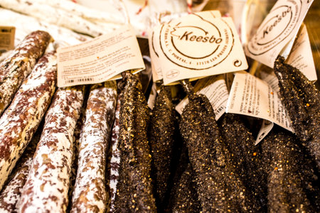 Reims, France - September 17, 2022 Various dry sausages sold in the market of Reims, the sausages are made in an artisanal way with different animal meats, delicatessen is part of the french cuisineのeditorial素材