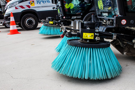 Reims, France - September 17, 2022 Street cleaning cars and garbage truck parked in the streets of Reims taking part in the world day to clean up our planet, garbage collection helps prevent pollutionのeditorial素材
