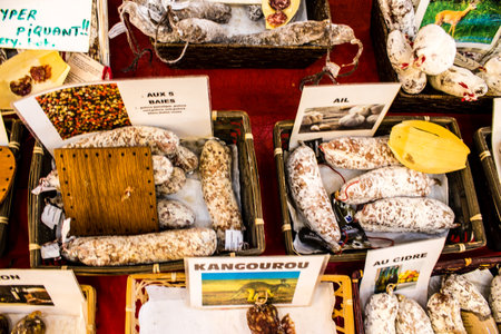 Reims, France - September 17, 2022 Various dry sausages sold in the market of Reims, the sausages...