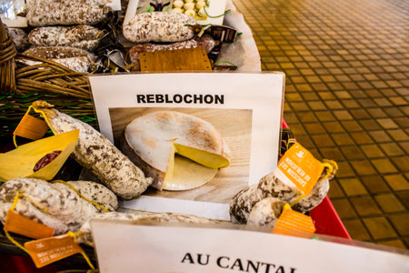 Reims, France - September 17, 2022 Various dry sausages sold in the market of Reims, the sausages...