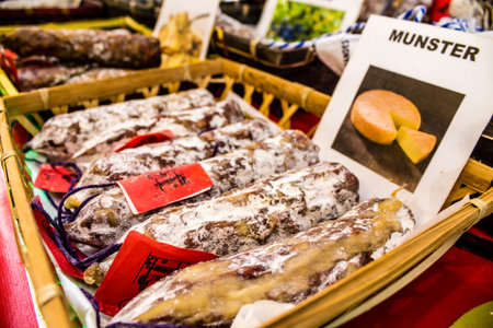 Reims, France - September 17, 2022 Various dry sausages sold in the market of Reims, the sausages are made in an artisanal way with different animal meats, delicatessen is part of the french cuisineのeditorial素材