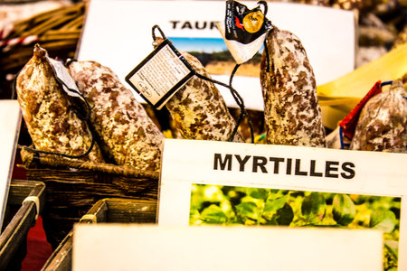 Reims, France - September 17, 2022 Various dry sausages sold in the market of Reims, the sausages are made in an artisanal way with different animal meats, delicatessen is part of the french cuisineのeditorial素材