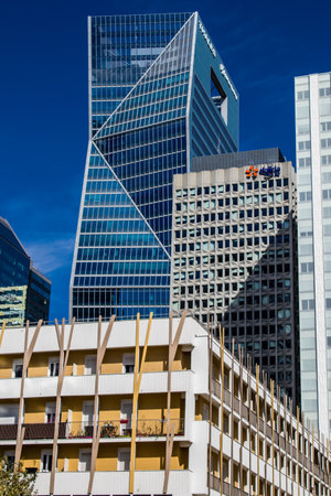 Paris, France - September 12, 2022 Cityscape and architecture of La Defense, a business district located in Greater Paris, skyscrapers surround the famous arch in the center of the esplanadeのeditorial素材