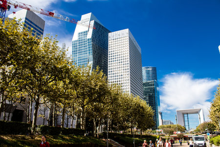 Paris, France - September 12, 2022 Cityscape and architecture of La Defense, a business district located in Greater Paris, skyscrapers surround the famous arch in the center of the esplanadeのeditorial素材