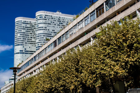 Paris, France - September 12, 2022 Cityscape and architecture of La Defense, a business district located in Greater Paris, skyscrapers surround the famous arch in the center of the esplanadeのeditorial素材
