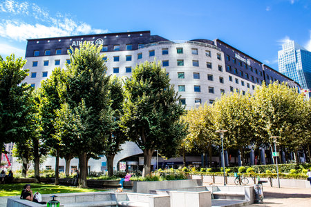 Paris, France - September 12, 2022 Cityscape and architecture of La Defense, a business district located in Greater Paris, skyscrapers surround the famous arch in the center of the esplanadeのeditorial素材