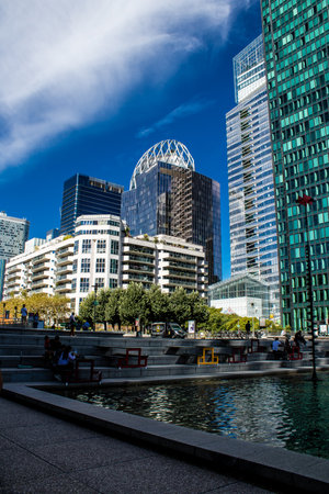 Paris, France - September 12, 2022 Cityscape and architecture of La Defense, a business district located in Greater Paris, skyscrapers surround the famous arch in the center of the esplanadeのeditorial素材