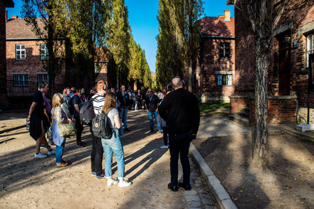 Oswiecim, Poland - October 07, 2022 People visiting Auschwitz, the largest concentration camp...
