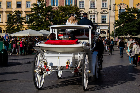 Krakow, Poland - October 08, 2022 Horse drawn carriage rides have become one of the main attractions in Krakow. Their very beautiful horse drawn carriages will take you around the city centerのeditorial素材