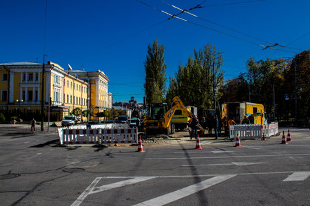 Aftermath of massive Russian missile attacks, a main road in downtown Kyiv was hit hard. Missiles hit in 4 places in the city of Kyiv. 9 people died and 36 people were injured. Russia threatens more strikes after missiles hit cities across Ukraineのeditorial素材