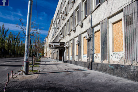 Aftermath of massive Russian missile attacks, facade of historical buildings in downtown Kyiv was hit hard. Missiles hit in 4 places in the city of Kyiv. 9 people died and 36 people were injured. Russia threatens more strikes after missiles hit cities acrのeditorial素材