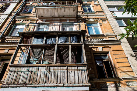 Aftermath of massive Russian missile attacks, facade of historical buildings in downtown Kyiv was hit hard. Missiles hit in 4 places in the city of Kyiv. 9 people died and 36 people were injured. Russia threatens more strikes after missiles hit cities acrのeditorial素材