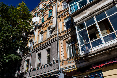 Aftermath of massive Russian missile attacks, facade of historical buildings in downtown Kyiv was hit hard. Missiles hit in 4 places in the city of Kyiv. 9 people died and 36 people were injured. Russia threatens more strikes after missiles hit cities acrのeditorial素材
