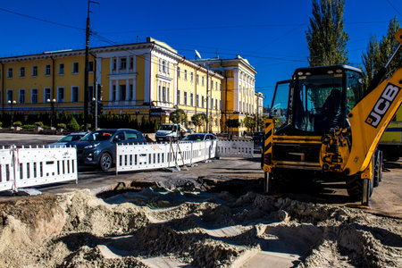 Aftermath of massive Russian missile attacks, a main road in downtown Kyiv was hit hard. Missiles hit in 4 places in the city of Kyiv. 9 people died and 36 people were injured. Russia threatens more strikes after missiles hit cities across Ukraineのeditorial素材