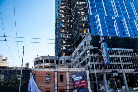 Aftermath of massive Russian missile attacks, an office building near the train station was hit hard. Missiles hit in 4 places in the city of Kyiv. 9 people died and 36 people were injured. Russia threatens more strikes after missiles hit cities across Ukのeditorial素材