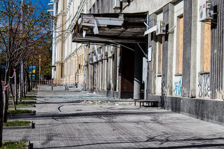 Aftermath of massive Russian missile attacks, facade of historical buildings in downtown Kyiv was hit hard. Missiles hit in 4 places in the city of Kyiv. 9 people died and 36 people were injured. Russia threatens more strikes after missiles hit cities acrのeditorial素材