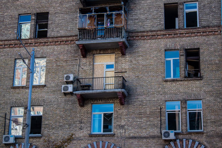 Aftermath of massive Russian missile attacks, facade of historical buildings in downtown Kyiv was hit hard. Missiles hit in 4 places in the city of Kyiv. 9 people died and 36 people were injured. Russia threatens more strikes after missiles hit cities acrのeditorial素材