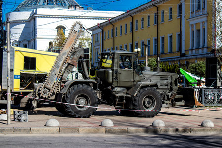 Aftermath of massive Russian missile attacks, a main road in downtown Kyiv was hit hard. Missiles hit in 4 places in the city of Kyiv. 9 people died and 36 people were injured. Russia threatens more strikes after missiles hit cities across Ukraineのeditorial素材