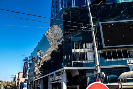 Aftermath of massive Russian missile attacks, an office building near the train station was hit hard. Missiles hit in 4 places in the city of Kyiv. 9 people died and 36 people were injured. Russia threatens more strikes after missiles hit cities across Ukのeditorial素材