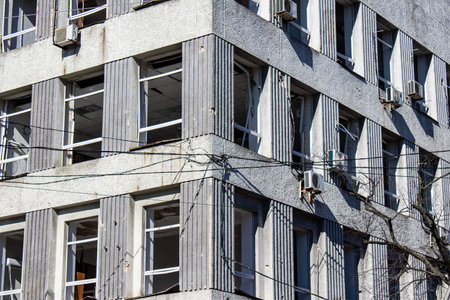 Aftermath of massive Russian missile attacks, facade of historical buildings in downtown Kyiv was...