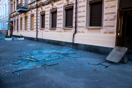 Aftermath of massive Russian missile attacks, facade of historical buildings in downtown Kyiv was...