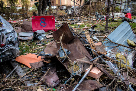 Aftermath of massive Russian missile attacks, debris littering the ground around the Samsung office building. The blast from the explosion sent shards of glass and metal in all directions causing extensive secondary damage, many people were seriously injuのeditorial素材