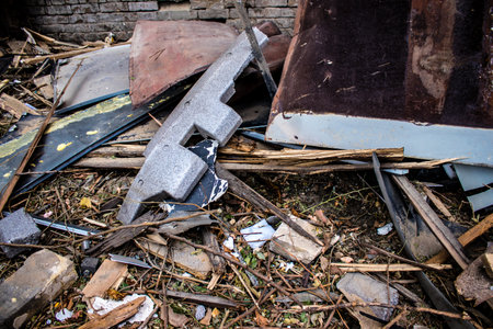 Aftermath of massive Russian missile attacks, debris littering the ground around the Samsung office building. The blast from the explosion sent shards of glass and metal in all directions causing extensive secondary damage, many people were seriously injuのeditorial素材