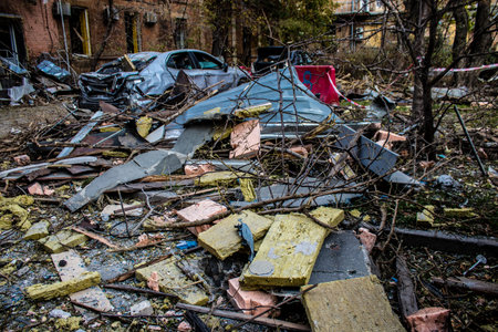 Aftermath of massive Russian missile attacks, debris littering the ground around the Samsung office building. The blast from the explosion sent shards of glass and metal in all directions causing extensive secondary damage, many people were seriously injuのeditorial素材