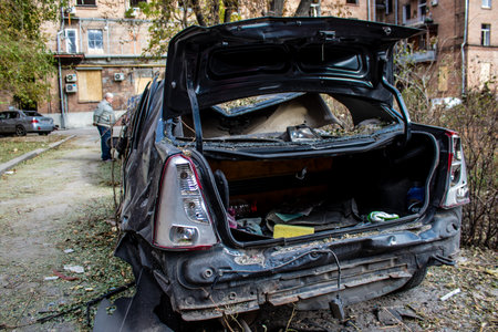 Aftermath of massive Russian missile attacks, cars around the Samsung office building was hit hard. The damage to the vehicles is considerable and several of them are destroyed.のeditorial素材