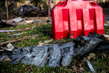 Aftermath of massive Russian missile attacks, debris littering the ground around the Samsung office building. The blast from the explosion sent shards of glass and metal in all directions causing extensive secondary damage, many people were seriously injuのeditorial素材