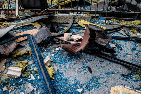 Aftermath of massive Russian missile attacks, debris littering the ground around the Samsung office building. The blast from the explosion sent shards of glass and metal in all directions causing extensive secondary damage, many people were seriously injuのeditorial素材
