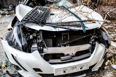 Aftermath of massive Russian missile attacks, cars around the Samsung office building was hit hard. The damage to the vehicles is considerable and several of them are destroyed.のeditorial素材