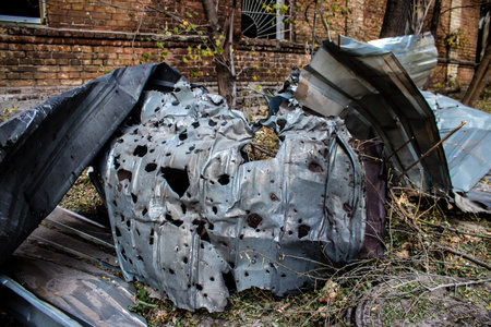 Aftermath of massive Russian missile attacks, debris littering the ground around the Samsung office building. The blast from the explosion sent shards of glass and metal in all directions causing extensive secondary damage, many people were seriously injuのeditorial素材