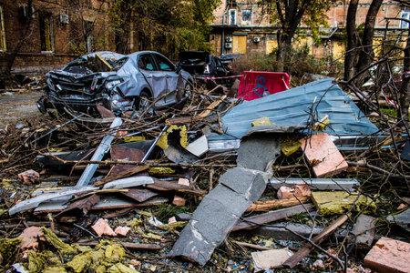 Aftermath of massive Russian missile attacks, debris littering the ground around the Samsung office building. The blast from the explosion sent shards of glass and metal in all directions causing extensive secondary damage, many people were seriously injuのeditorial素材