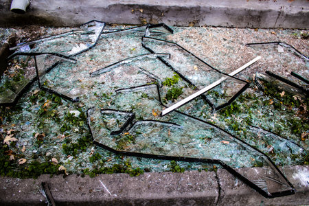 Aftermath of massive Russian missile attacks, debris littering the ground around the Samsung office building. The blast from the explosion sent shards of glass and metal in all directions causing extensive secondary damage, many people were seriously injuのeditorial素材