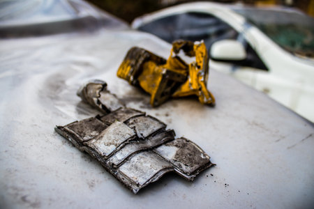 Aftermath of massive Russian missile attacks, debris littering the ground around the Samsung office building. The blast from the explosion sent shards of glass and metal in all directions causing extensive secondary damage, many people were seriously injuのeditorial素材